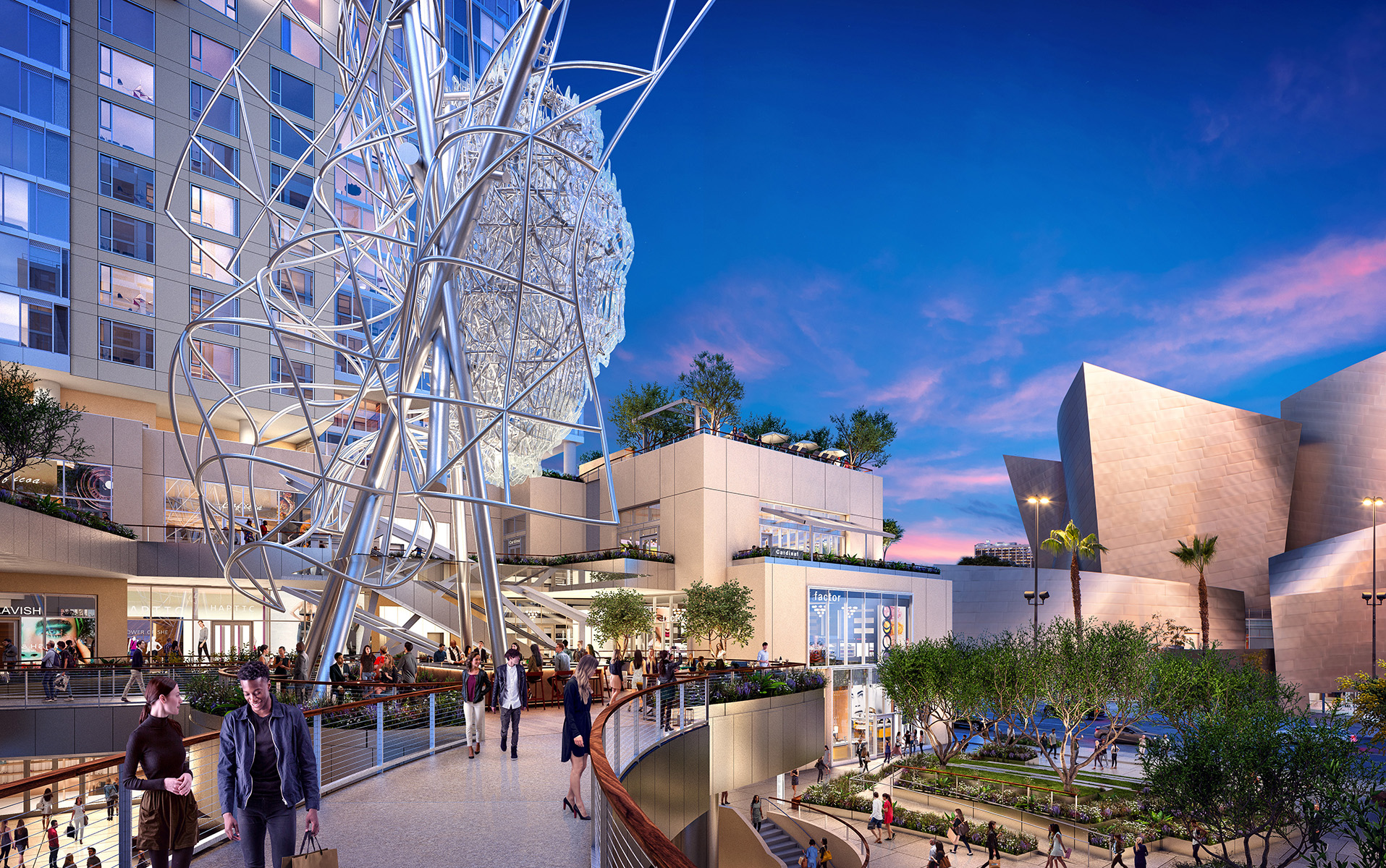 The Grand Courtyard at Twilight with Frank Gehry Sculpture